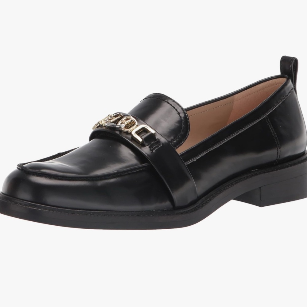 Sam Edelman Black Leather Loafers with Gold Chain Accent